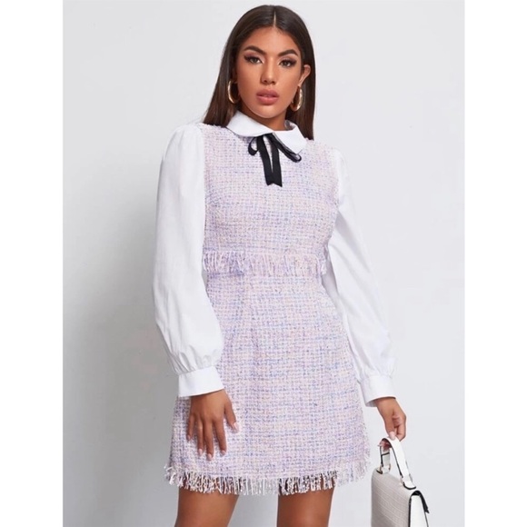 Knotted Detail Frayed Trim 2 In 1 Tweed Dress - Picture 3 of 7